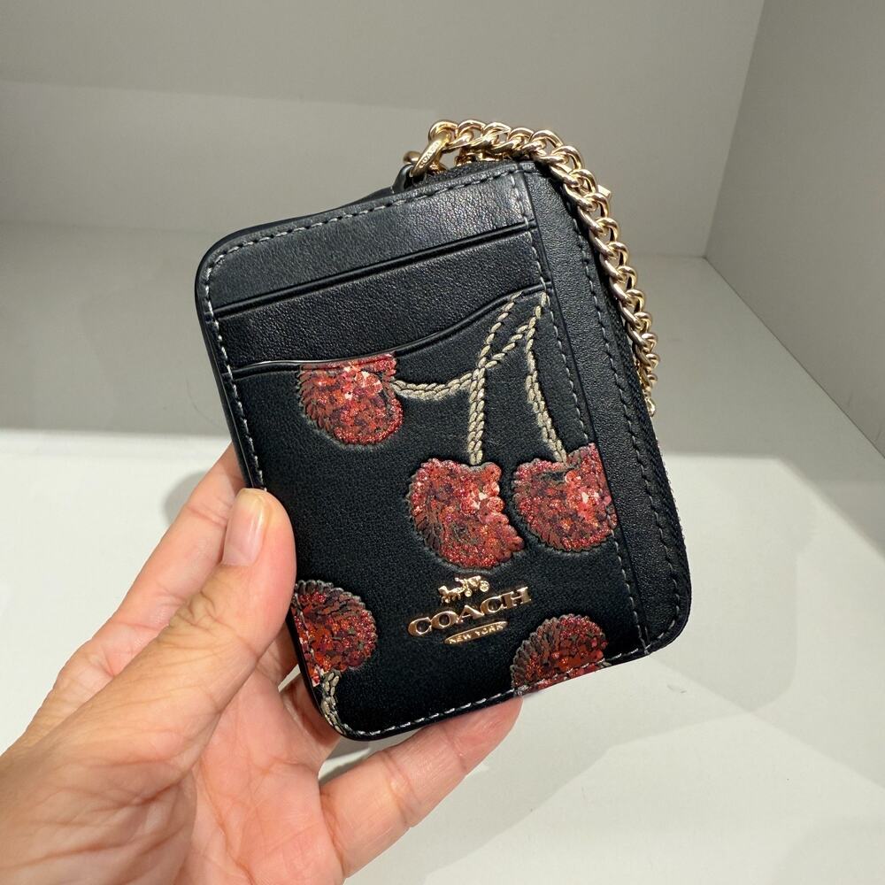Coach Black Leather Cherry Card Case Wristlet with Gold Chain